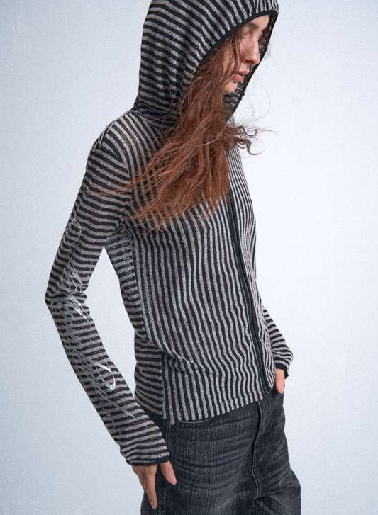 no E mosen | Irregular Vintage Striped Cut-Out Hooded Blouse【i0000000051】