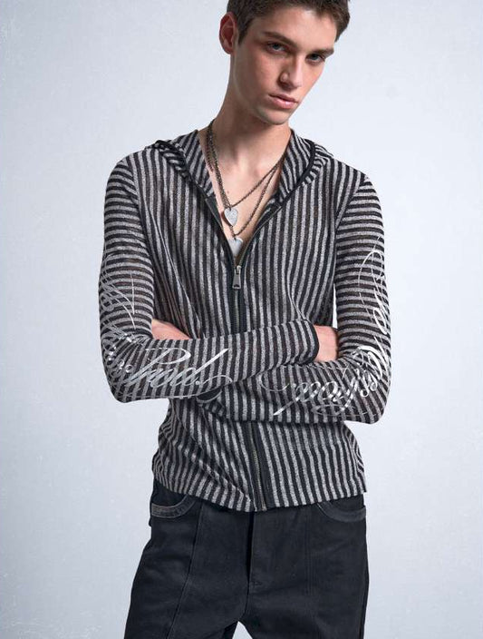 no E mosen | Irregular Vintage Striped Cut-Out Hooded Blouse【i0000000051】