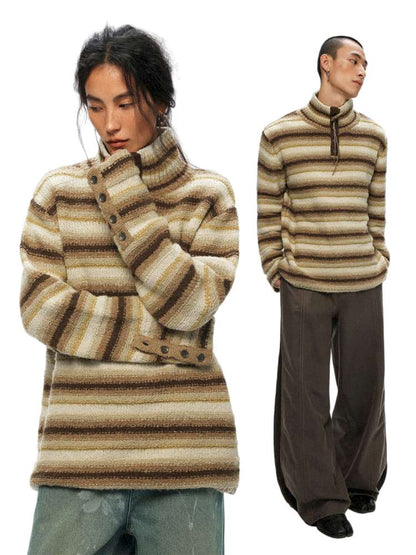 PHYS | Wool Yellow-Brown Striped Turtleneck Sweater【i0000000050】