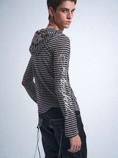 no E mosen | Irregular Vintage Striped Cut-Out Hooded Blouse【i0000000051】