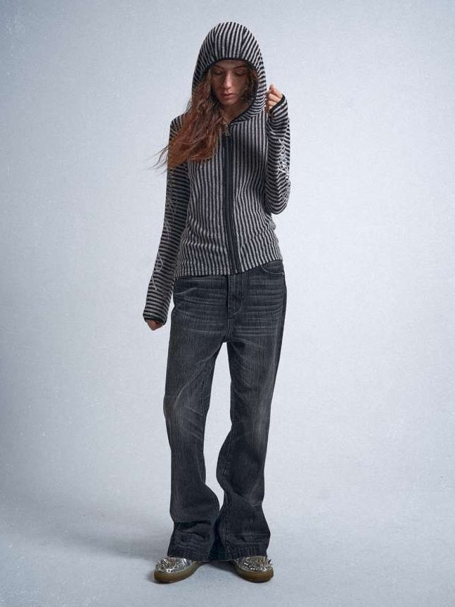 no E mosen | Irregular Vintage Striped Cut-Out Hooded Blouse【i0000000051】