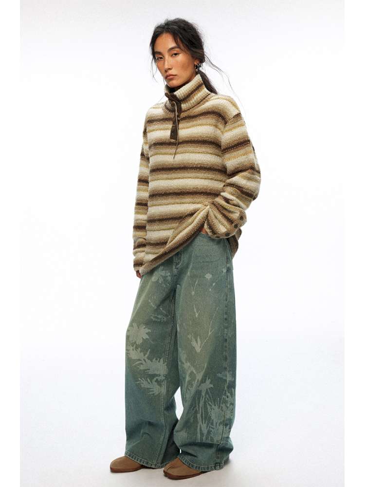 PHYS | Wool Yellow-Brown Striped Turtleneck Sweater【i0000000050】