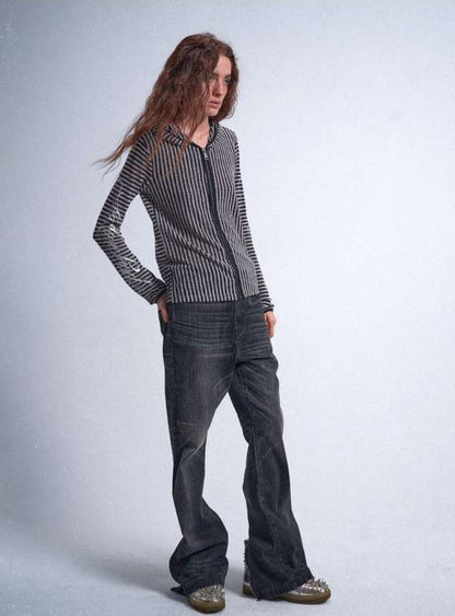 no E mosen | Irregular Vintage Striped Cut-Out Hooded Blouse【i0000000051】