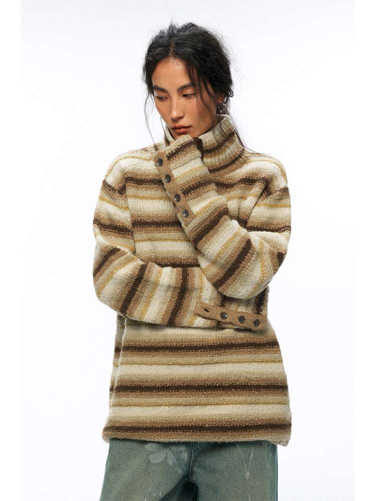 PHYS | Wool Yellow-Brown Striped Turtleneck Sweater【i0000000050】