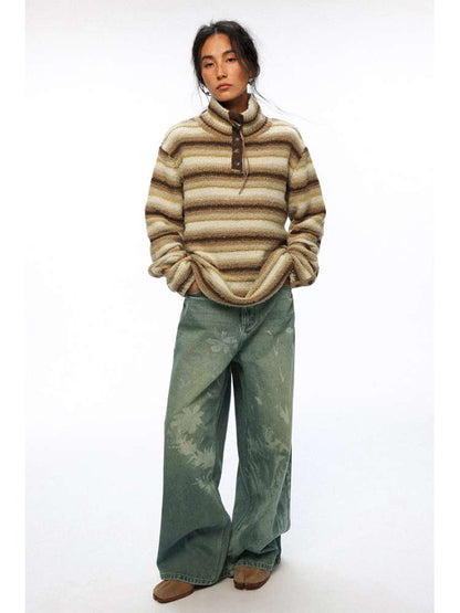 PHYS | Wool Yellow-Brown Striped Turtleneck Sweater【i0000000050】