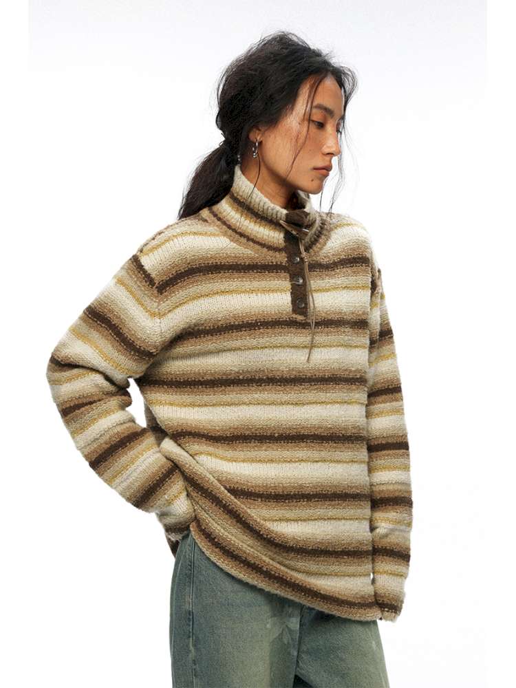 PHYS | Wool Yellow-Brown Striped Turtleneck Sweater【i0000000050】