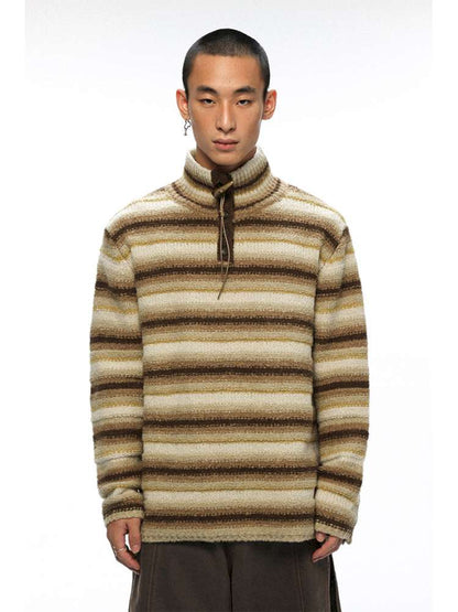 PHYS | Wool Yellow-Brown Striped Turtleneck Sweater【i0000000050】