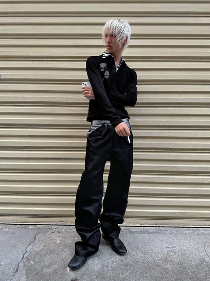 no E mosen | Double Collar Black White Striped Skull Sweatshirt【i0000000053】