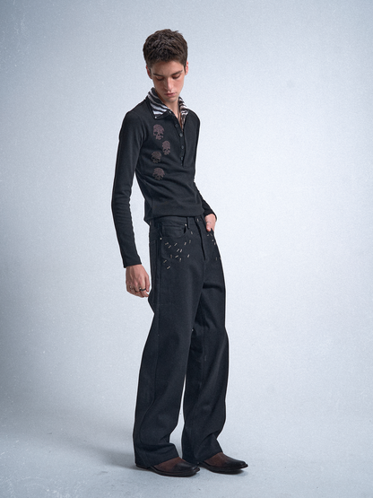 no E mosen | Double Collar Black White Striped Skull Sweatshirt【i0000000053】