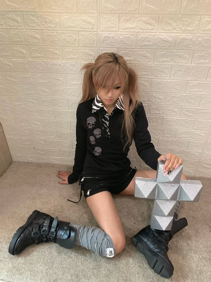 no E mosen | Double Collar Black White Striped Skull Sweatshirt【i0000000053】