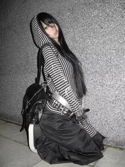 no E mosen | Irregular Vintage Striped Cut-Out Hooded Blouse【i0000000051】