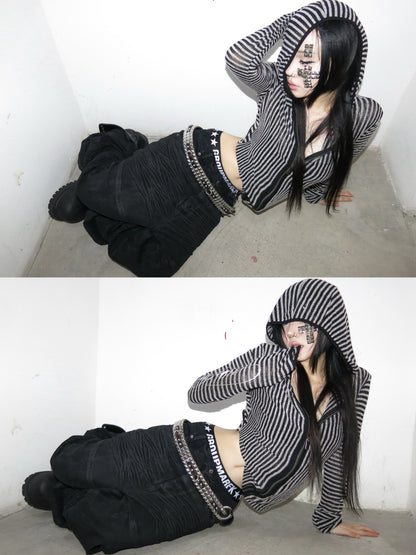no E mosen | Irregular Vintage Striped Cut-Out Hooded Blouse【i0000000051】