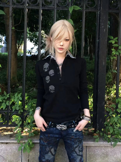 no E mosen | Double Collar Black White Striped Skull Sweatshirt【i0000000053】