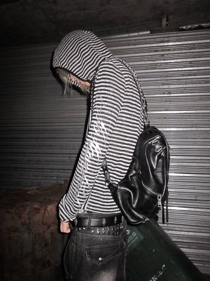 no E mosen | Irregular Vintage Striped Cut-Out Hooded Blouse【i0000000051】