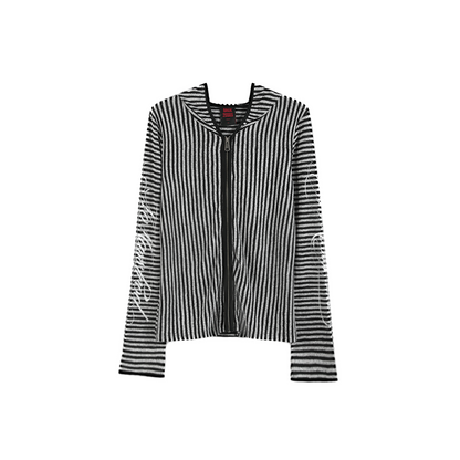 no E mosen | Irregular Vintage Striped Cut-Out Hooded Blouse【i0000000051】