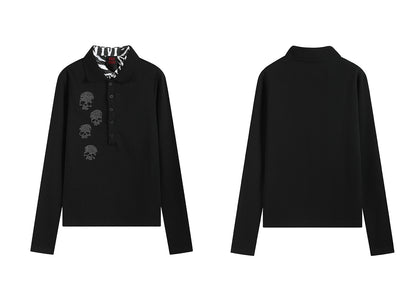 no E mosen | Double Collar Black White Striped Skull Sweatshirt【i0000000053】