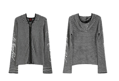 no E mosen | Irregular Vintage Striped Cut-Out Hooded Blouse【i0000000051】