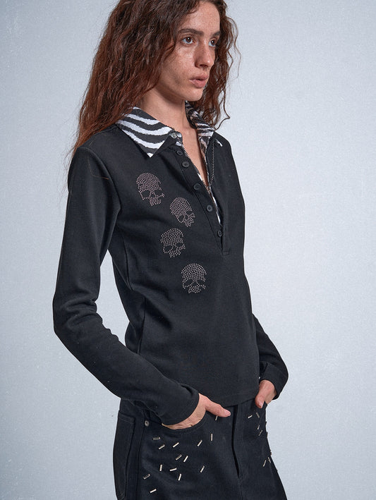 no E mosen | Double Collar Black White Striped Skull Sweatshirt【i0000000053】