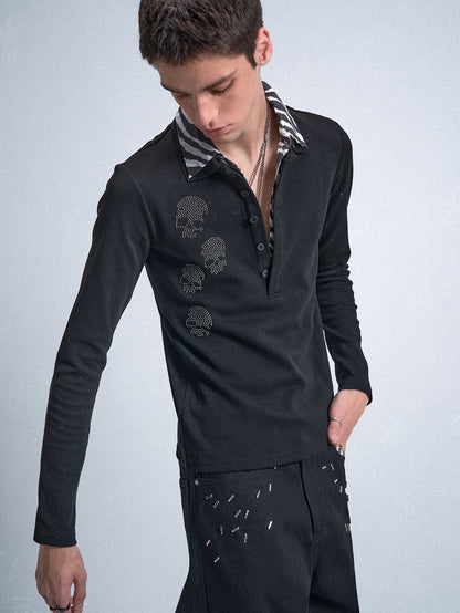 no E mosen | Double Collar Black White Striped Skull Sweatshirt【i0000000053】