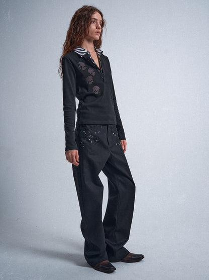 no E mosen | Double Collar Black White Striped Skull Sweatshirt【i0000000053】