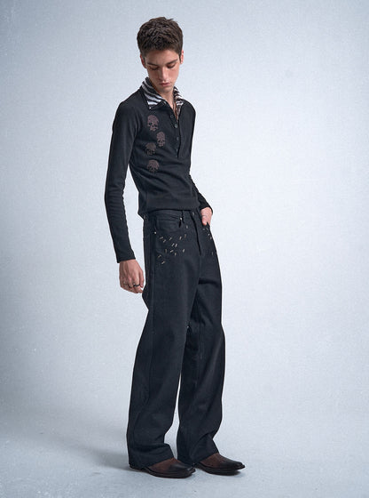 no E mosen | Double Collar Black White Striped Skull Sweatshirt【i0000000053】